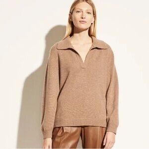 VINCE Women’s Wool Cashmere Open Neck Polo Sweater in Heather Chestnut